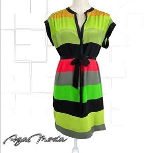 Twelfth Street By Cynthia Vincent Bright Color Block Silk Shirt Dress With A Tie